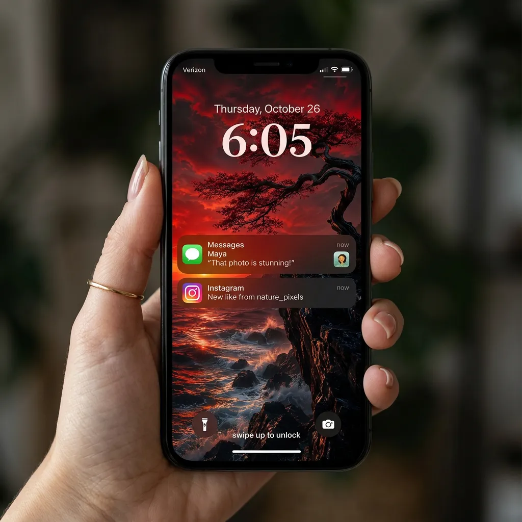 Red ocean sunset iPhone wallpaper with twisted tree mockup two