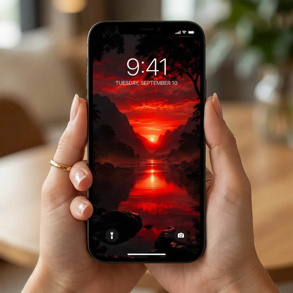 Red river sunset iPhone wallpaper with mountain valley mockup one
