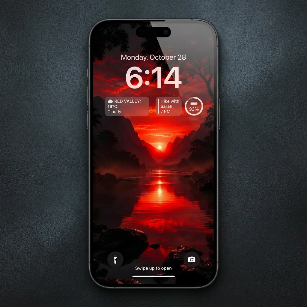 Red river sunset iPhone wallpaper with mountain valley mockup two