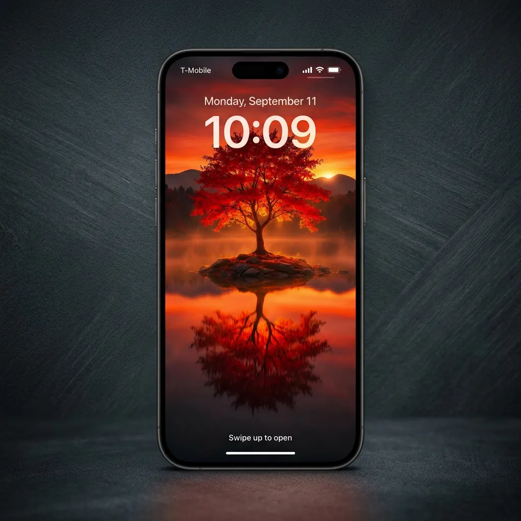 Red sunset tree iPhone wallpaper with lake reflection mockup one