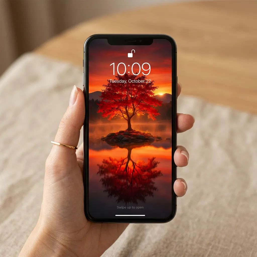 Red sunset tree iPhone wallpaper with lake reflection mockup two