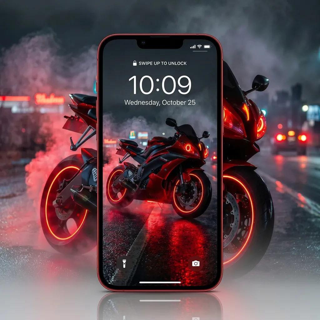 Red superbike iPhone wallpaper with neon wheel glow mockup two