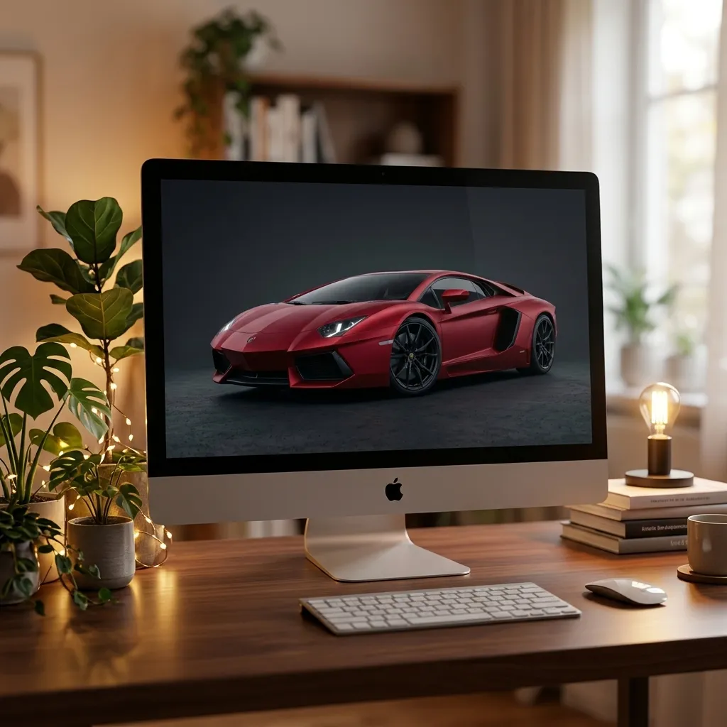 Red supercar desktop wallpaper with dark studio background mockup one