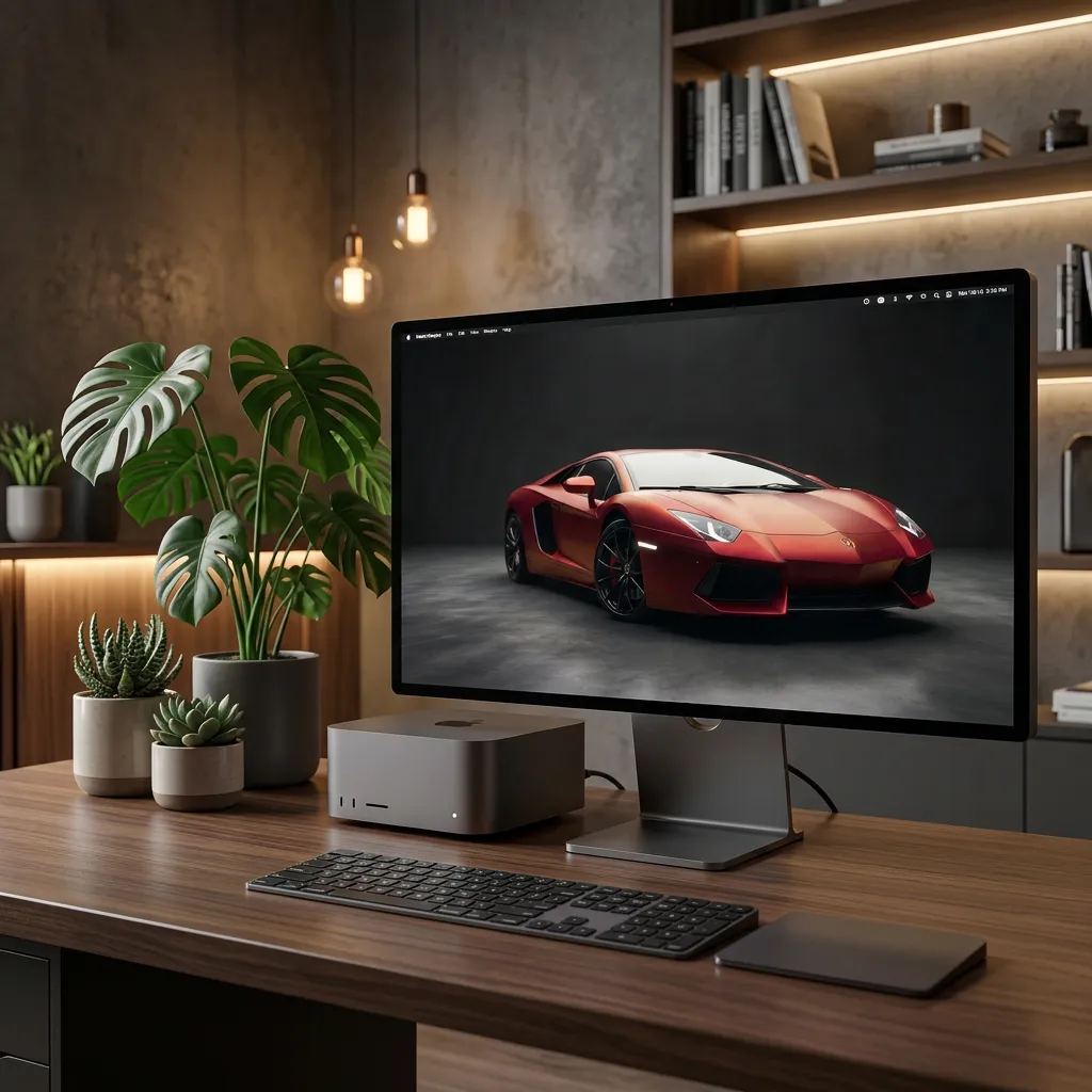 Red supercar desktop wallpaper with dark studio lighting mockup two