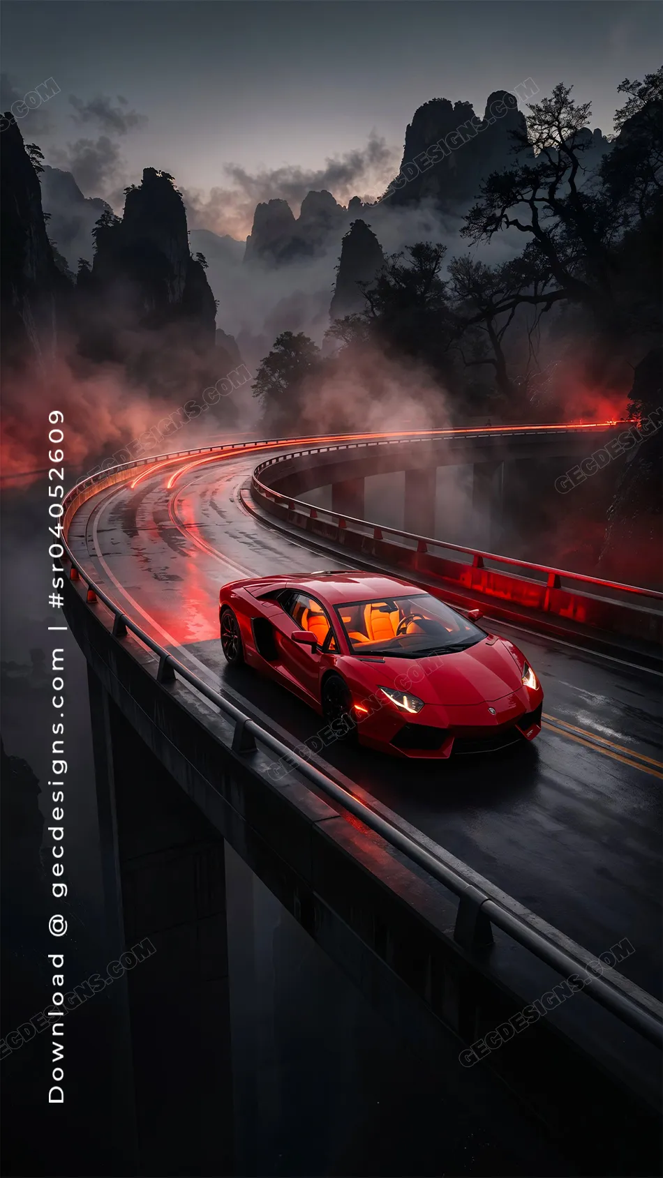 Red Supercar iPhone Wallpaper on Misty Mountain Road