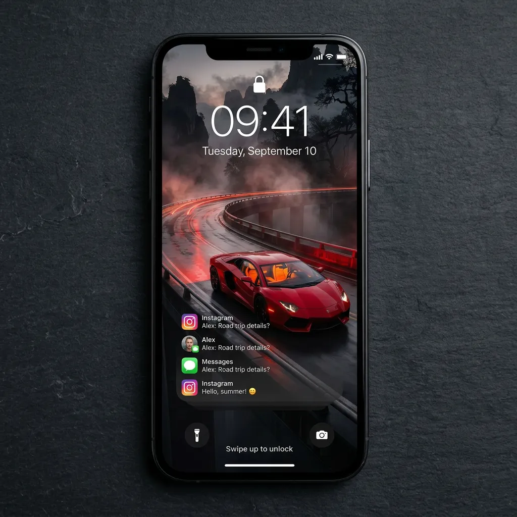 Red supercar iPhone wallpaper on misty mountain road mockup one