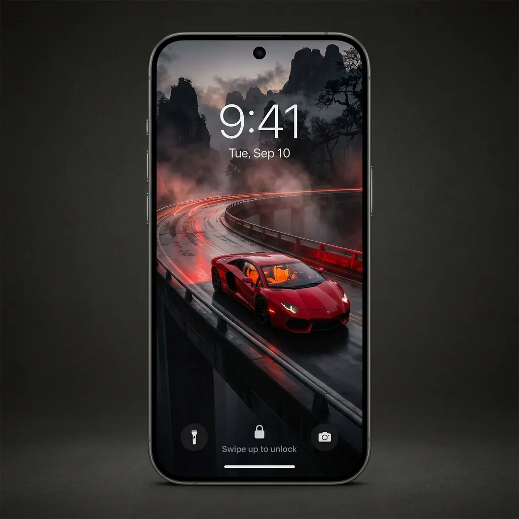 Red supercar iPhone wallpaper on misty mountain road mockup two