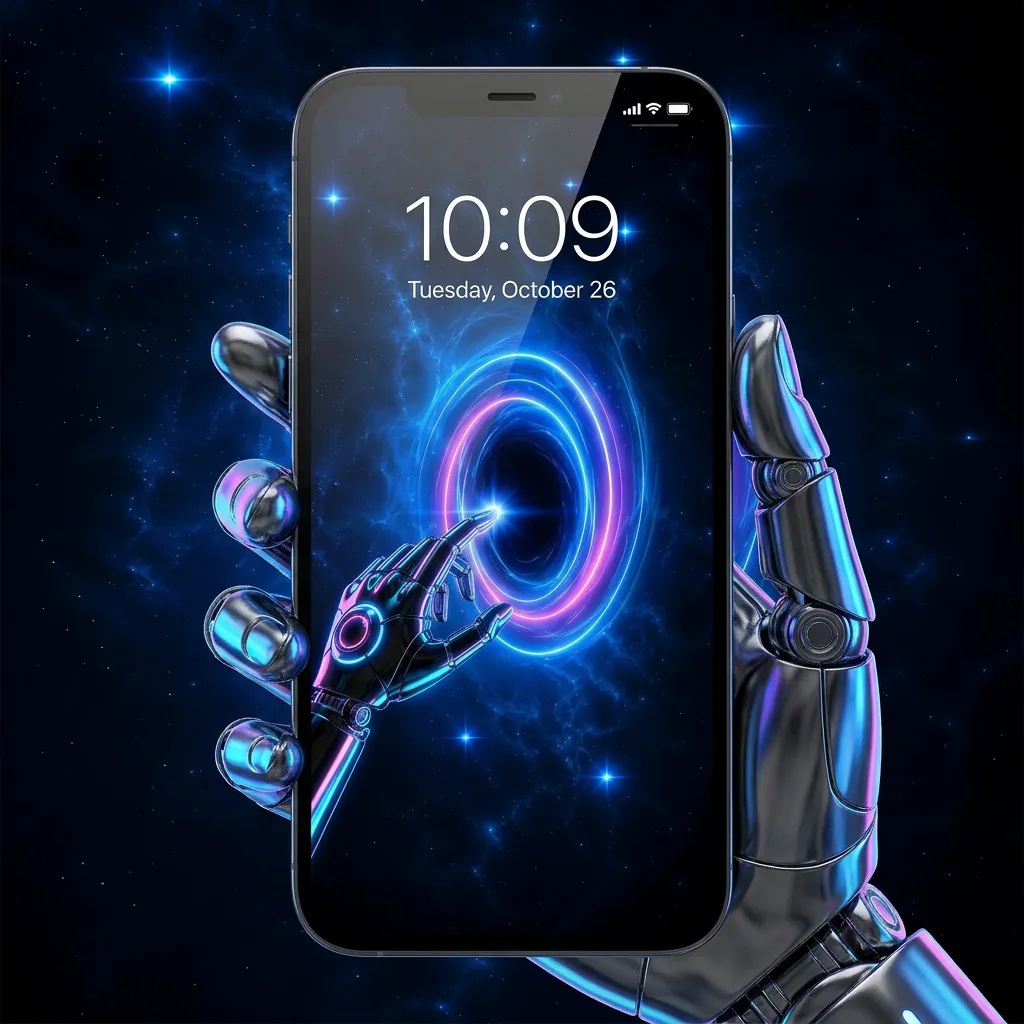 Robot hand portal iPhone wallpaper with neon tech mockup one