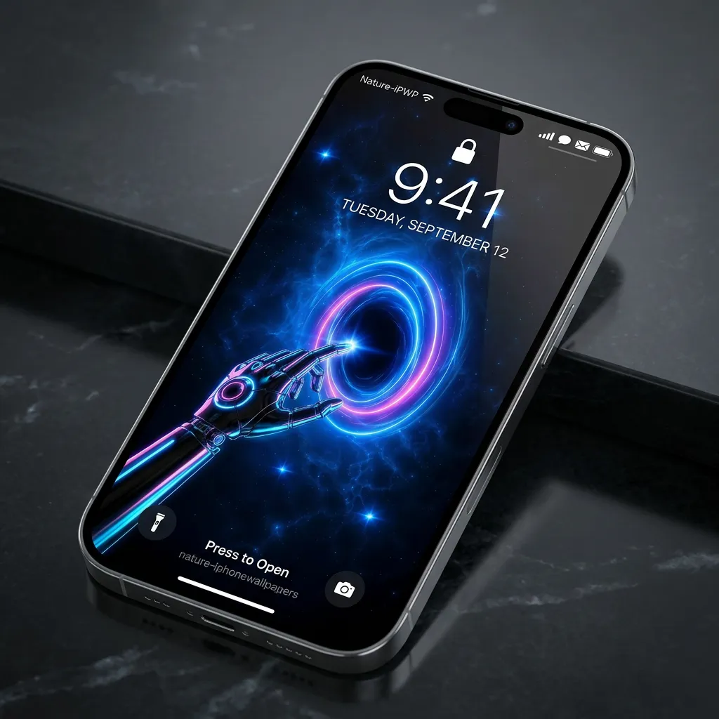 Robot hand portal iPhone wallpaper with neon tech mockup two