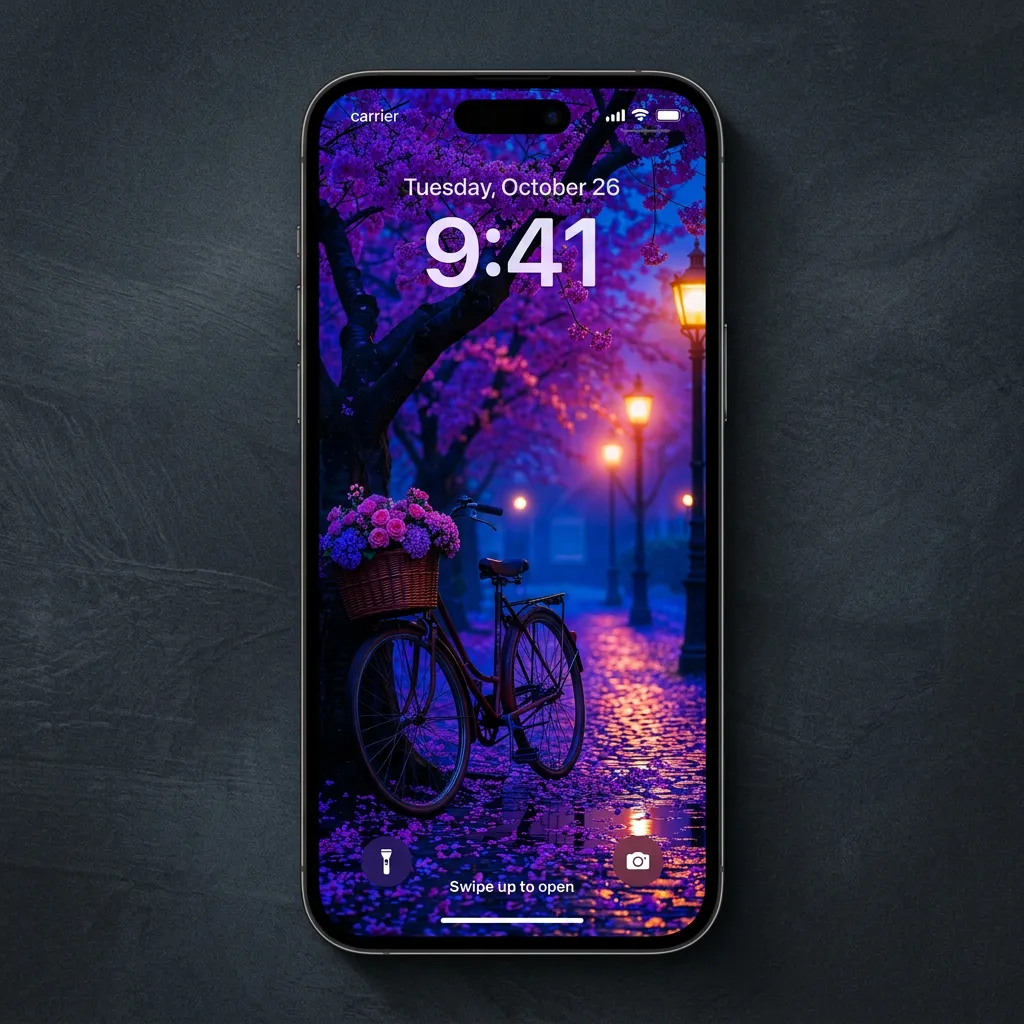 Romantic cobblestone street iPhone wallpaper with flower bicycle and lamps mockup one