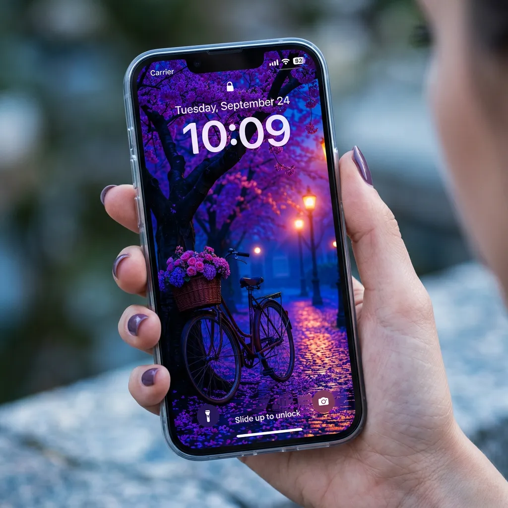 Romantic cobblestone street iPhone wallpaper with flower bicycle and lamps mockup two