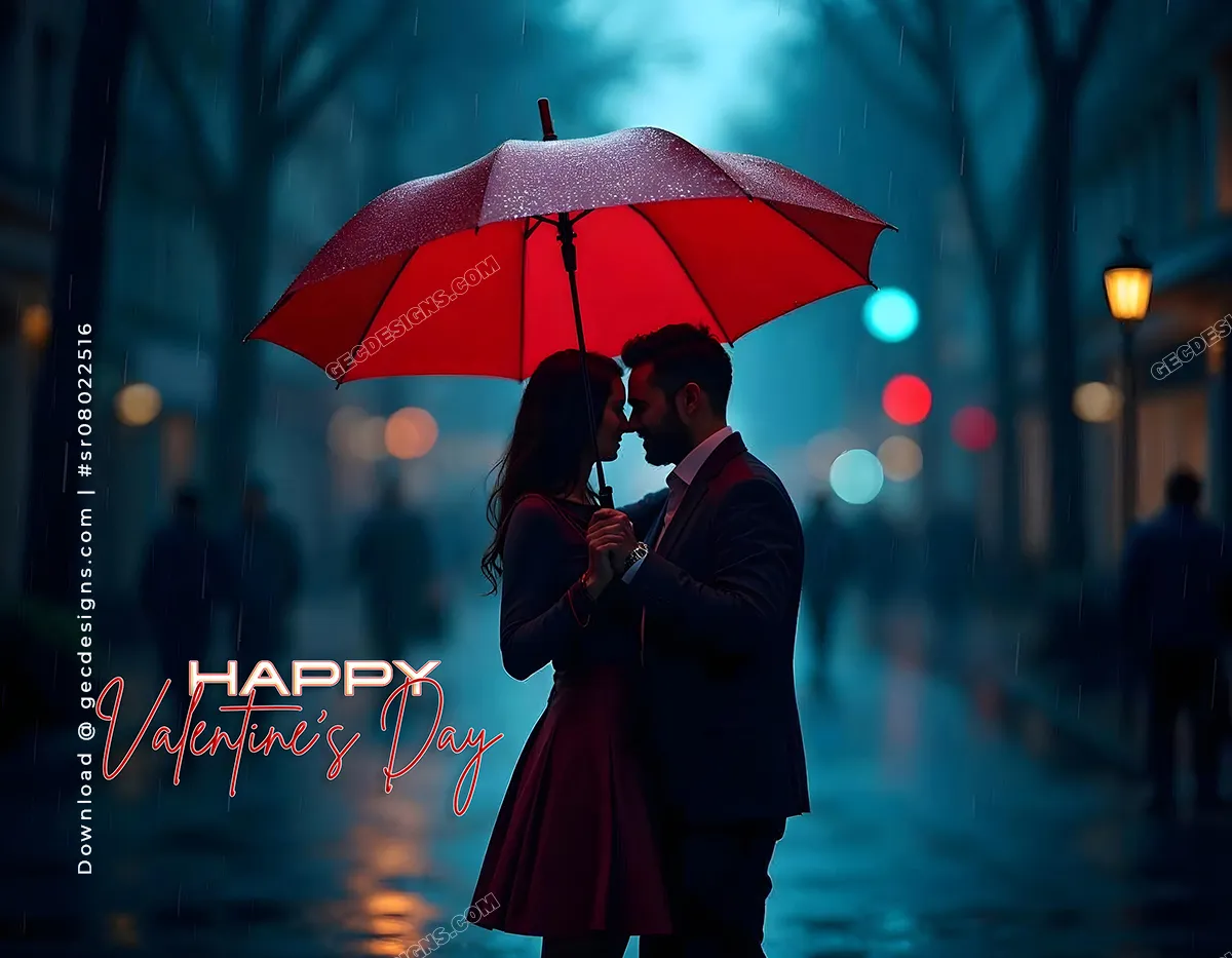 Romantic couple embracing in a rainy romantic scene for Valentine’s Day wishes