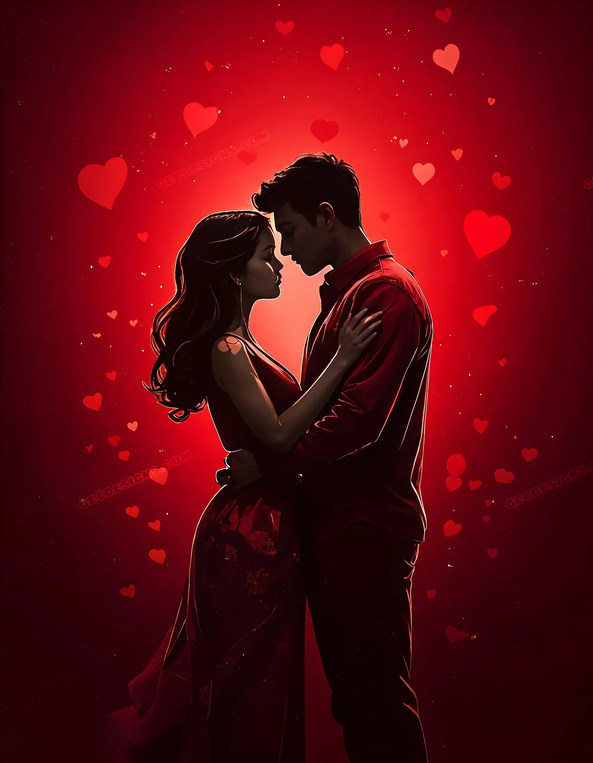 Romantic couple in bloody red background with falling hearts