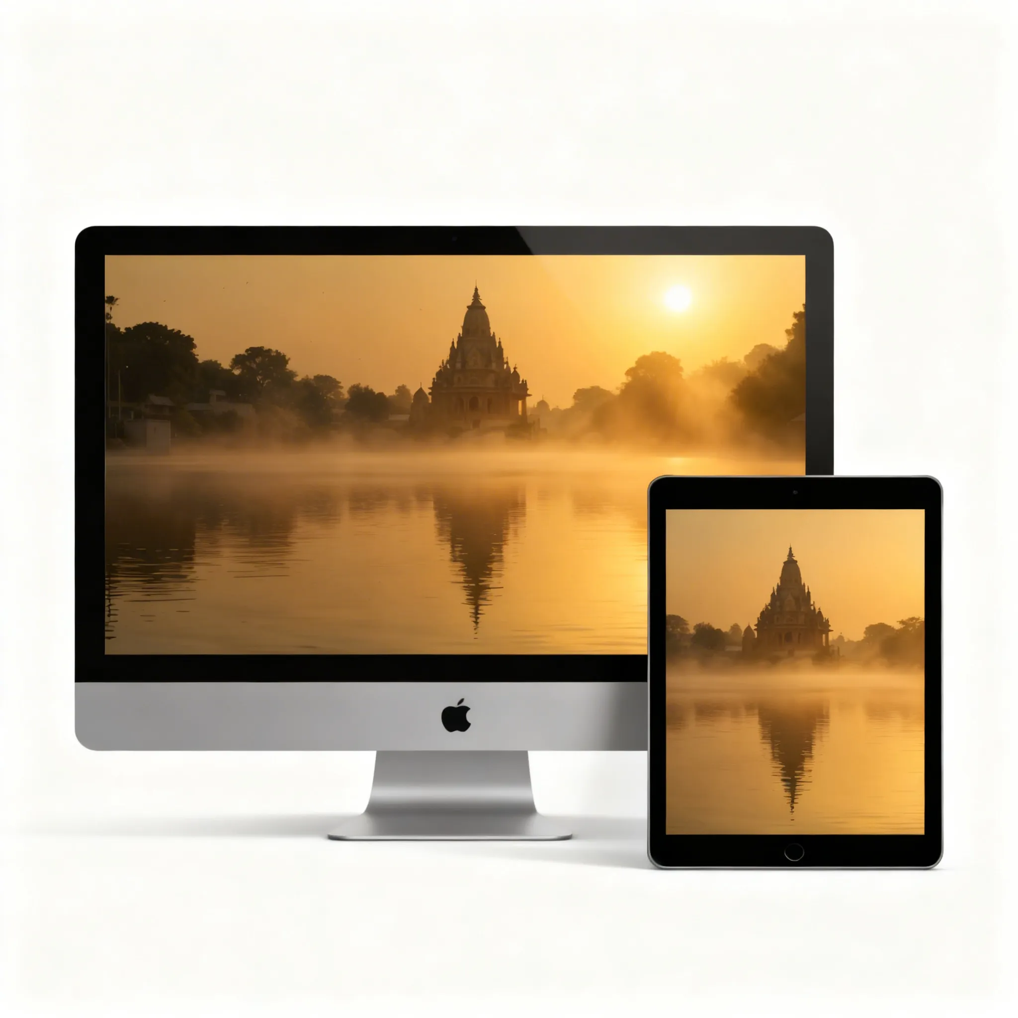 Sacred Morning Scene With Temple Reflection And Golden Sunrise Wallpaper Sr06032615 Mockup One