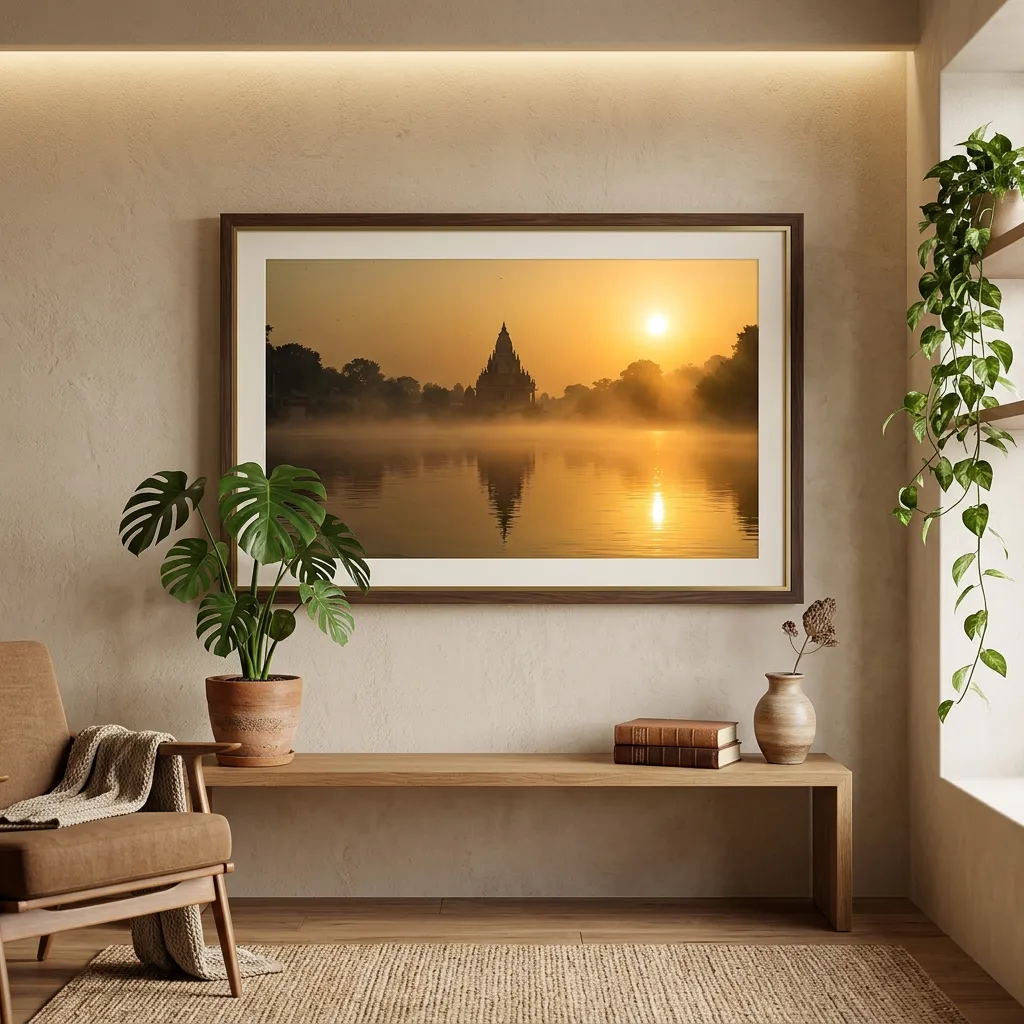 Sacred Morning Scene With Temple Reflection And Golden Sunrise Wallpaper Sr06032615 Mockup Two
