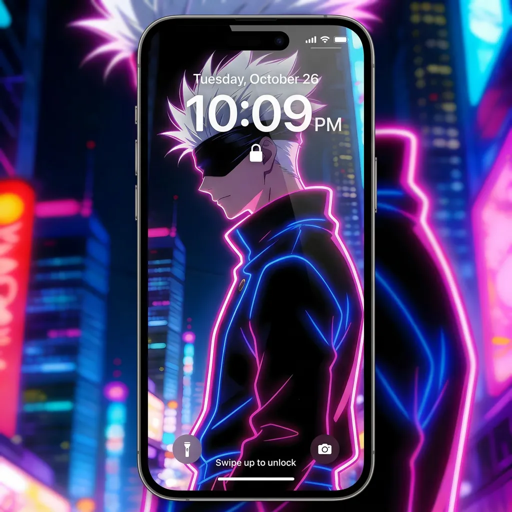 Satoru gojo iPhone wallpaper in neon cyberpunk style with Tokyo night background mockup one