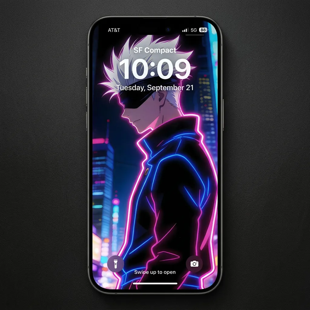 Satoru gojo iPhone wallpaper in neon cyberpunk style with Tokyo night background mockup two