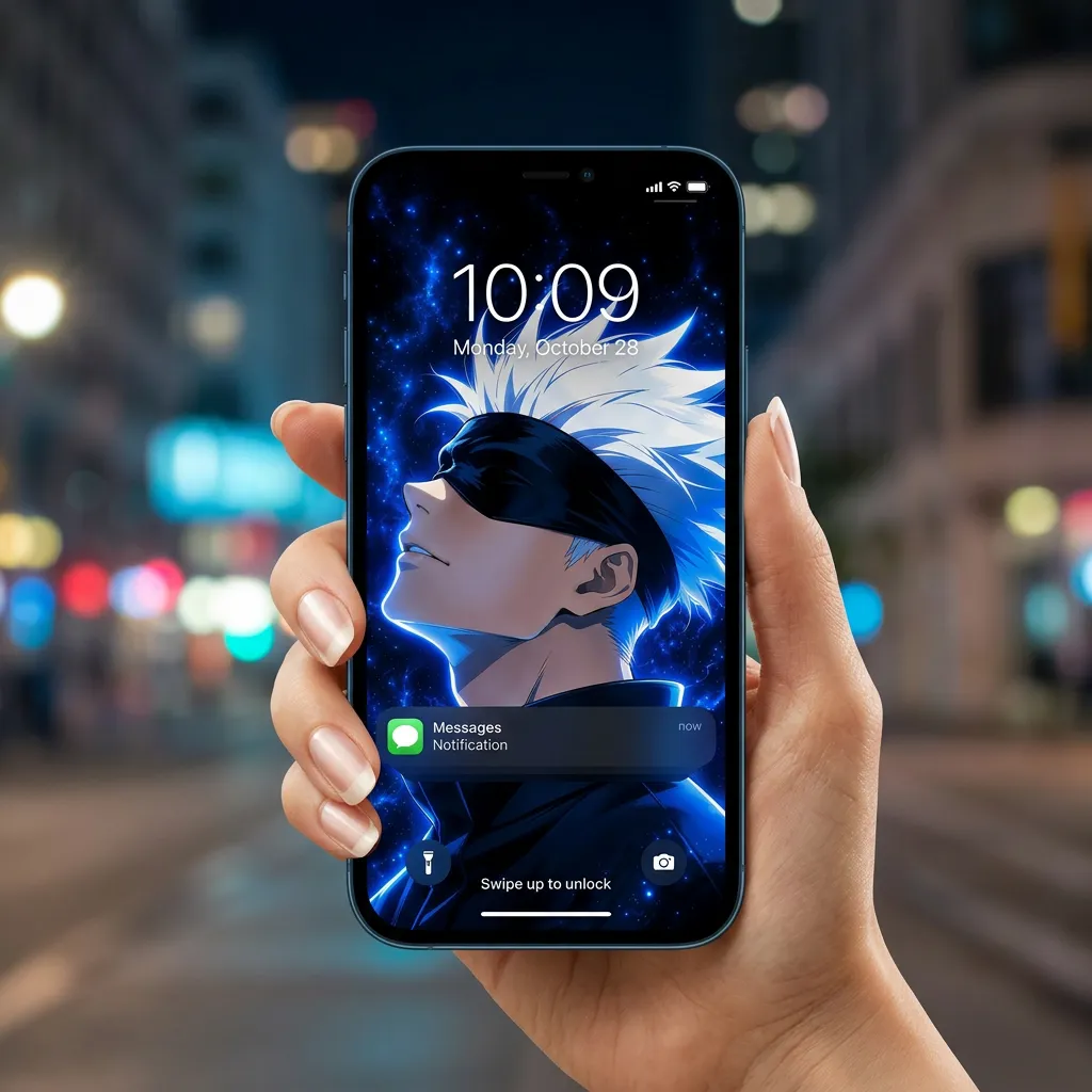 Satoru Gojo iPhone wallpaper with blue cosmic nebula and glowing white hair mockup one