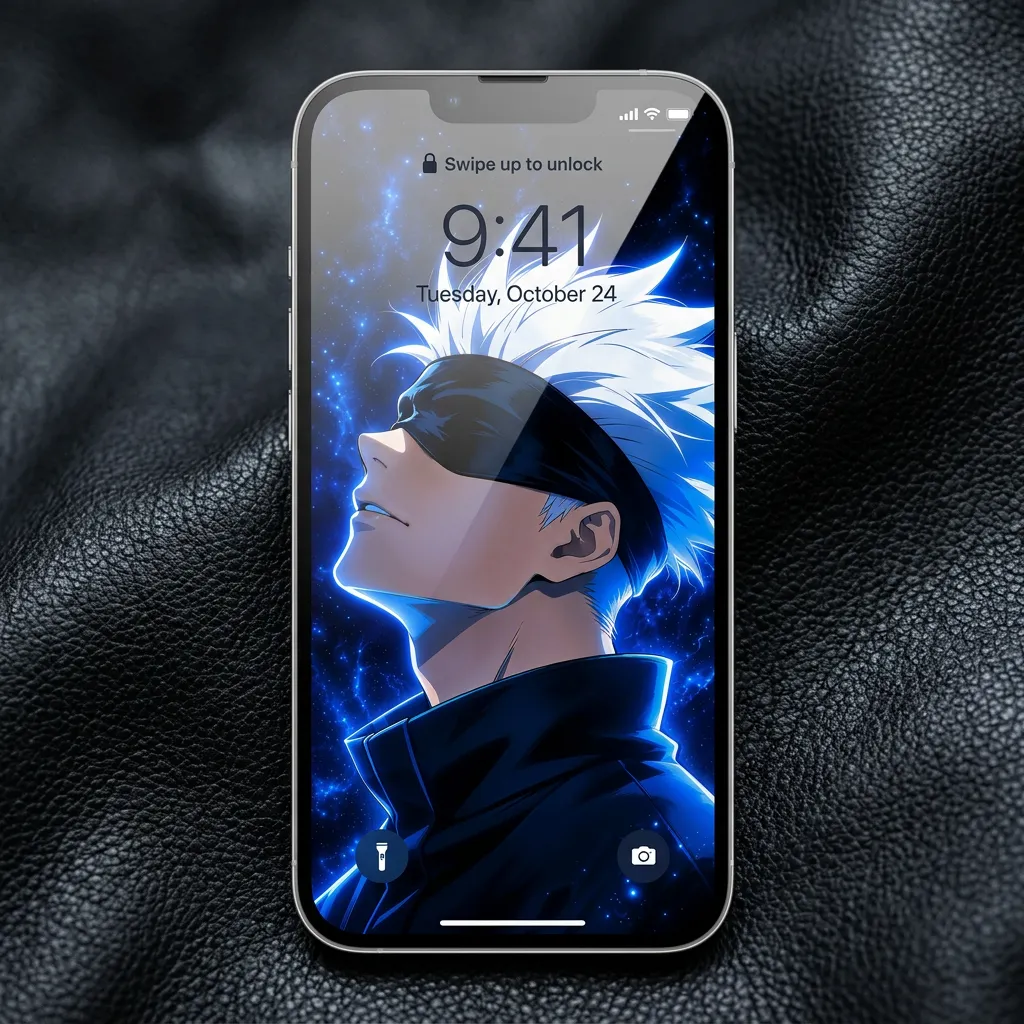 Satoru Gojo iPhone wallpaper with blue cosmic nebula and glowing white hair mockup two
