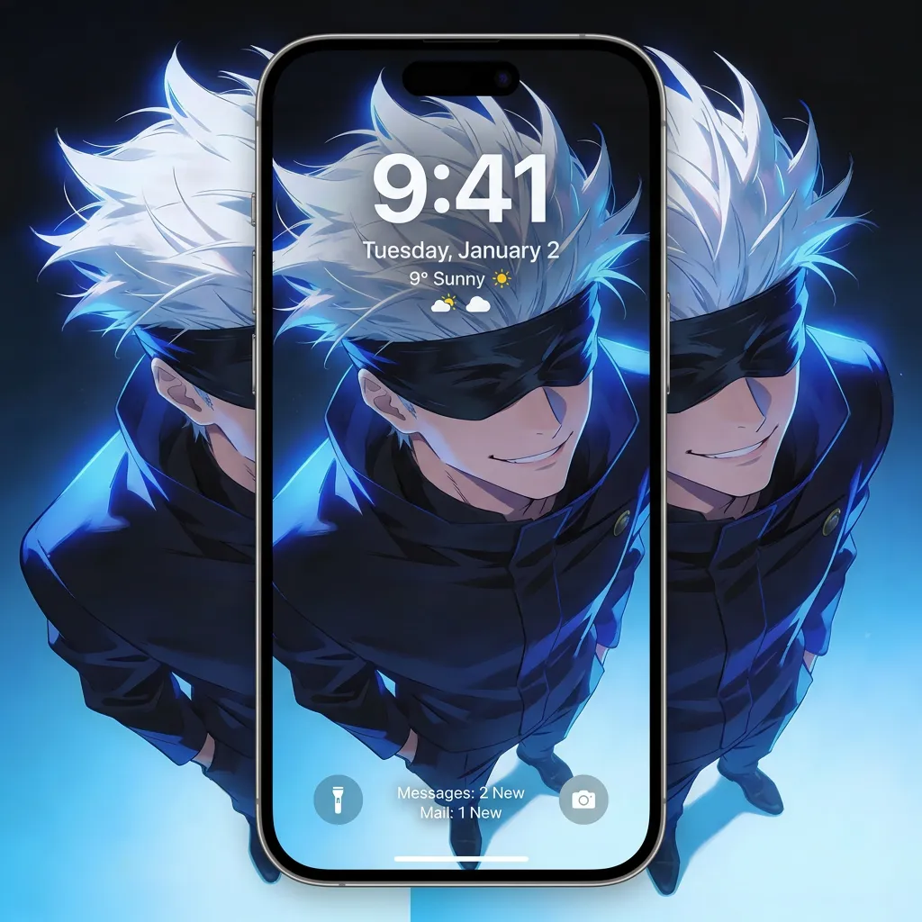 Satoru gojo iPhone wallpaper with electric blue aura and confident anime portrait mockup one