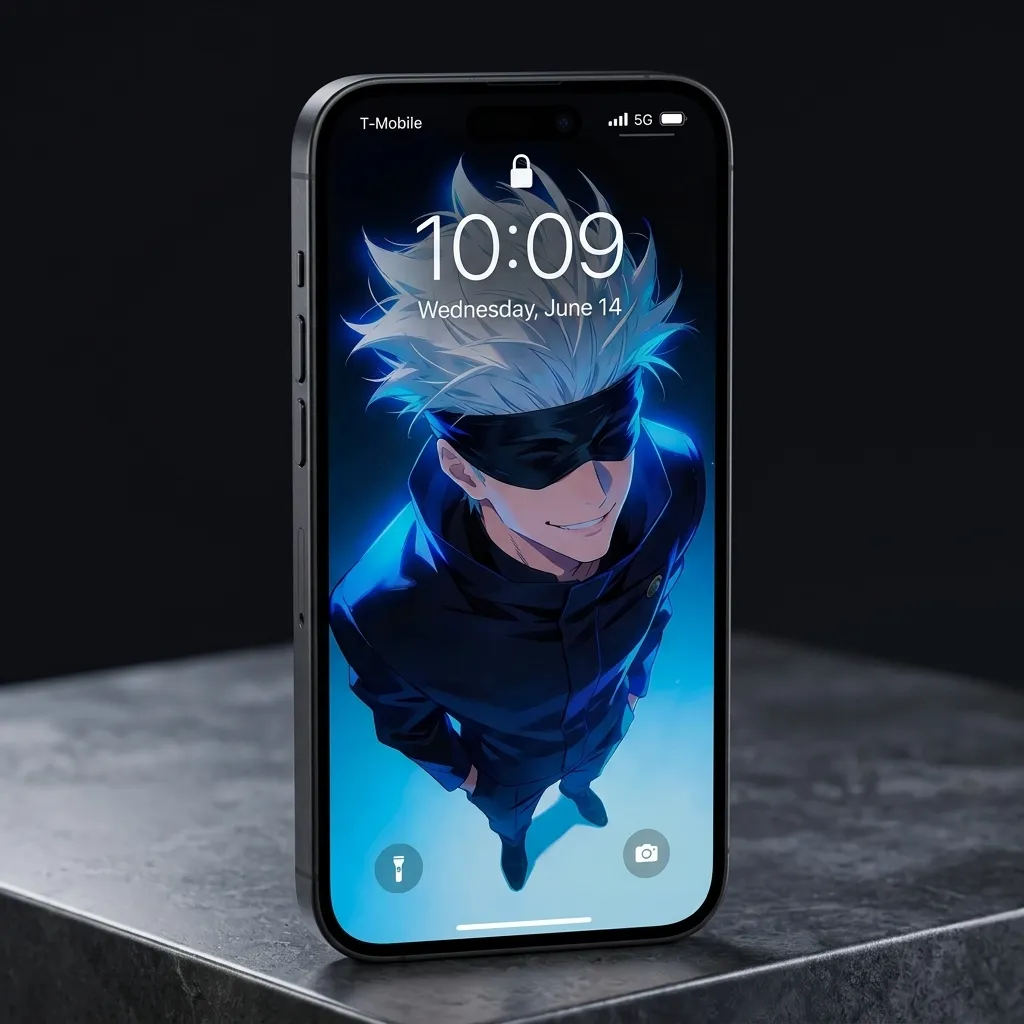 Satoru gojo iPhone wallpaper with electric blue aura and confident anime portrait mockup two