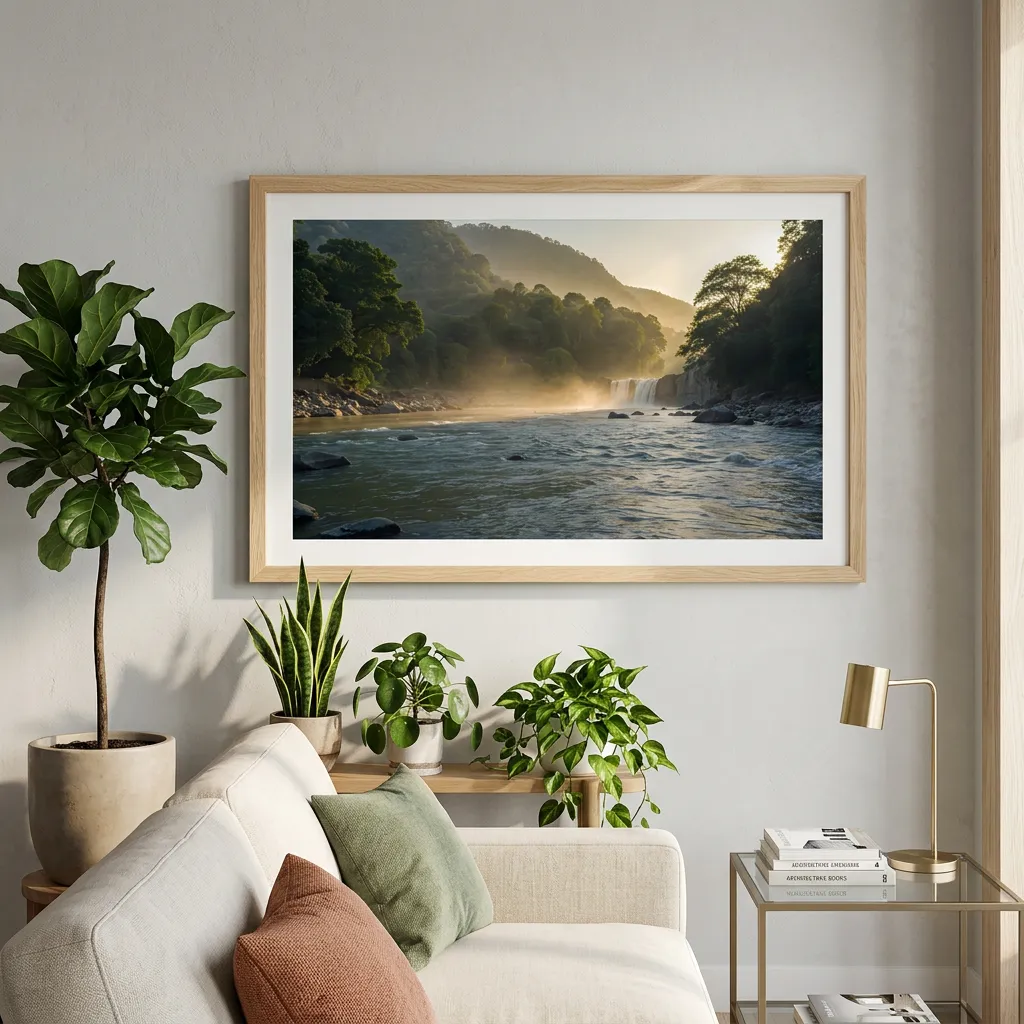Scenic River Landscape With Waterfall And Lush Green Hills Desktop Wallpaper Sr06032613 Mockup One