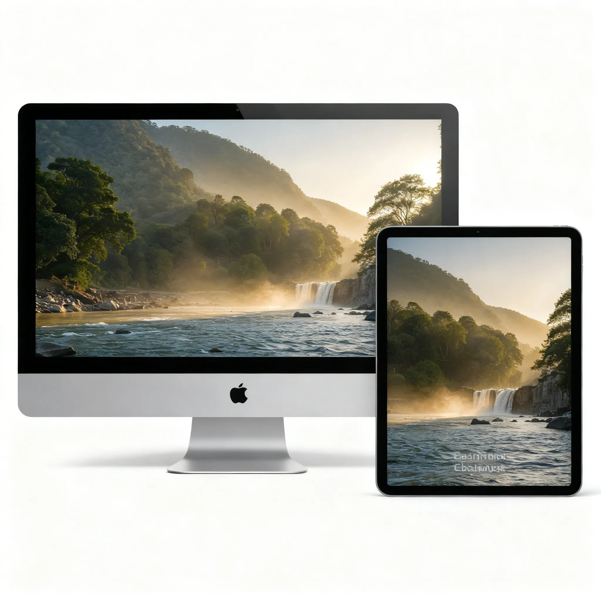 Scenic River Landscape With Waterfall And Lush Green Hills Desktop Wallpaper Sr06032613 Mockup Two