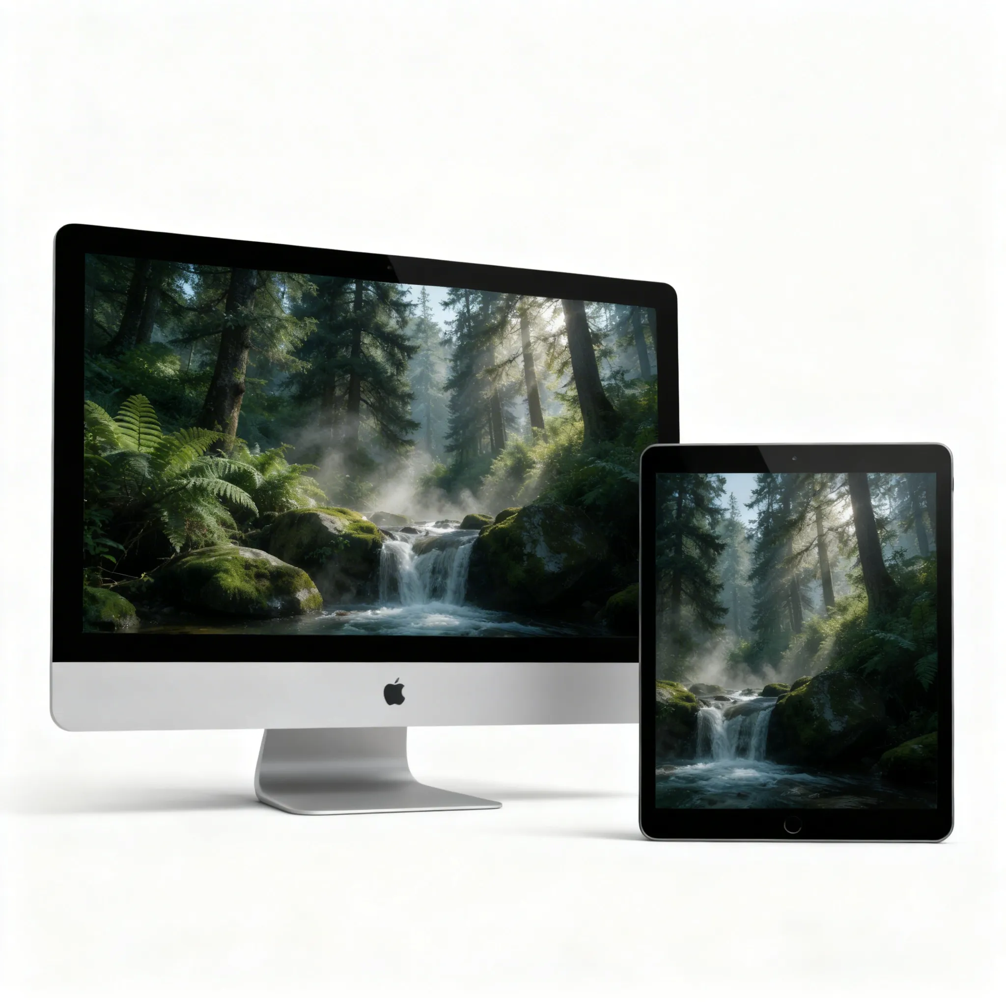 Serene Forest Waterfall With Morning Sunlight And Lush Green Ferns Wallpaper Sr06032612 Mockup One
