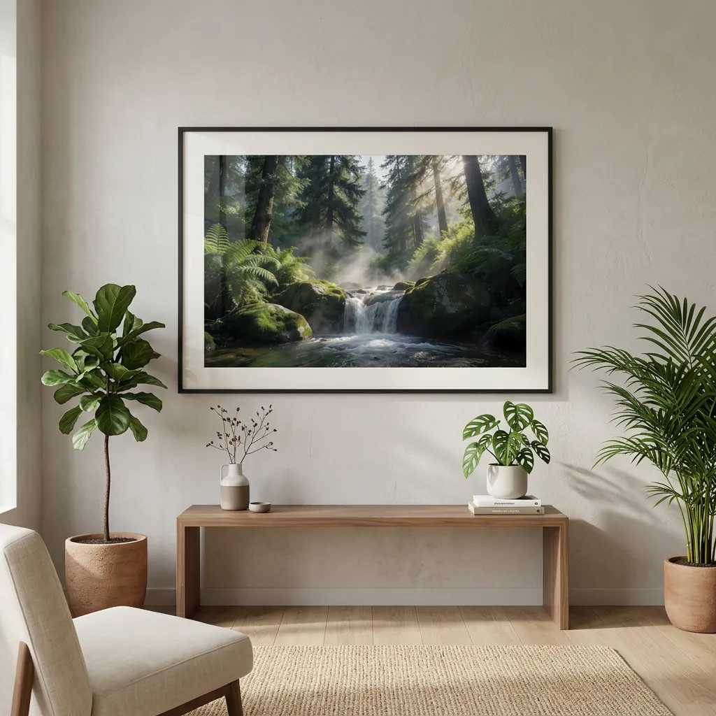 Serene Forest Waterfall With Morning Sunlight And Lush Green Ferns Wallpaper Sr06032612 Mockup Two