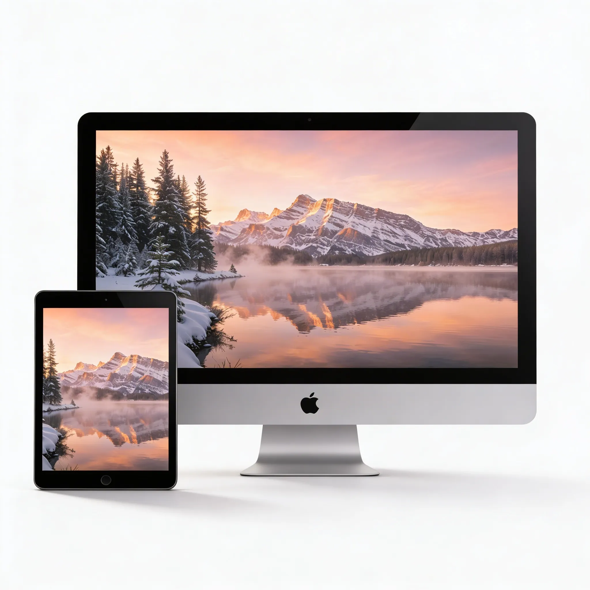 Serene Winter Lake Nature Desktop Wallpaper With Snowy Mountains And Golden Sunrise Sr24022625 Mockup One