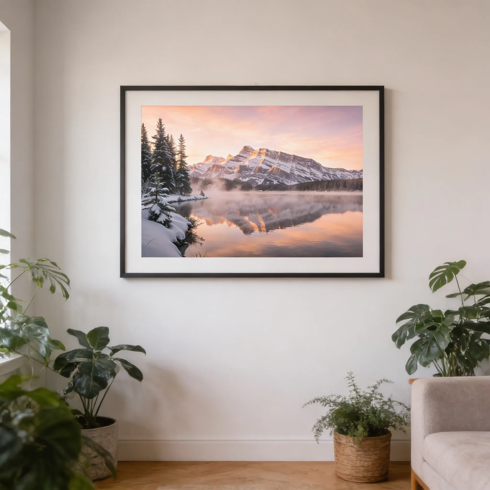 Serene Winter Lake Nature Desktop Wallpaper With Snowy Mountains And Golden Sunrise Sr24022625 Mockup Two