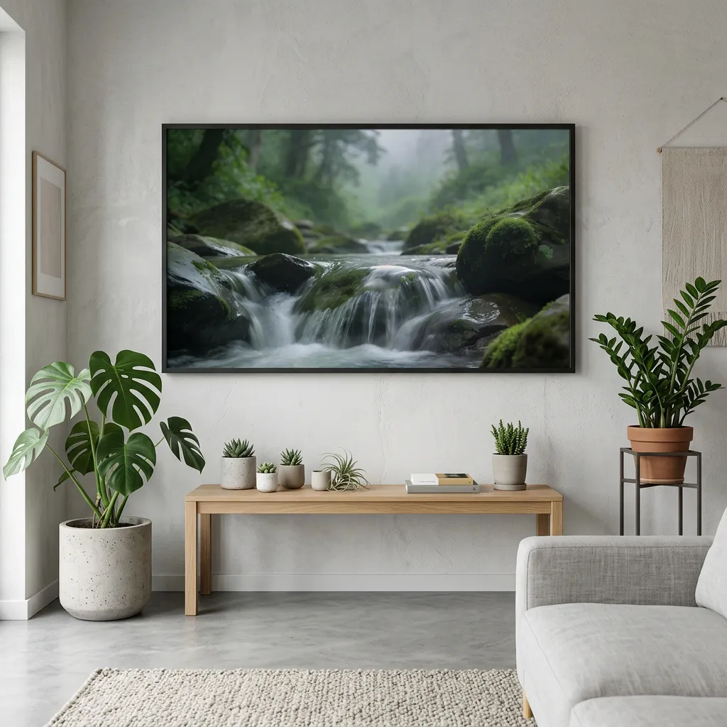 Serene Woodland Stream Flowing Through Moss Covered Rocks Nature Desktop Background Sr06032611 Mockup Two