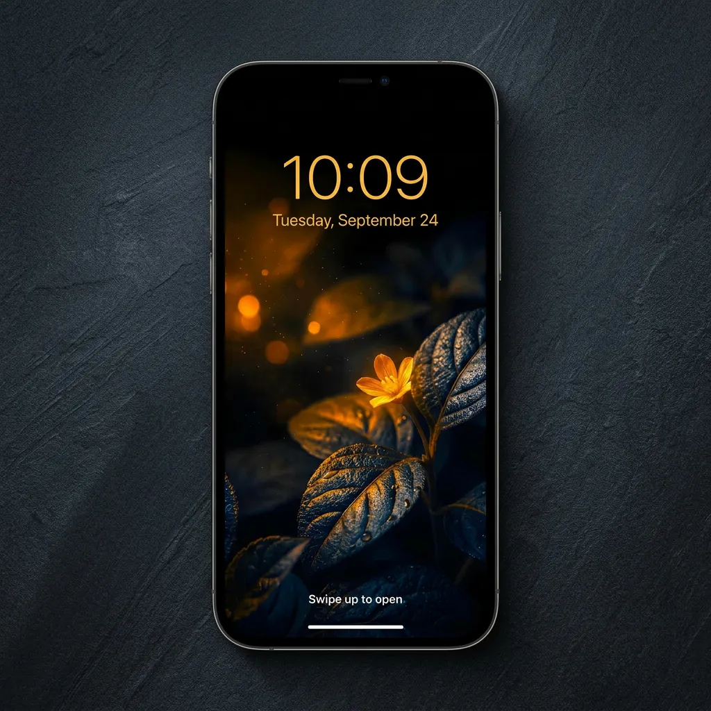 Small yellow flower iPhone wallpaper with dark leaves mockup one