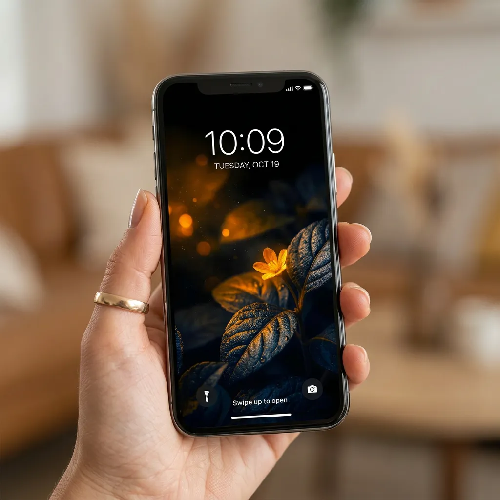 Small yellow flower iPhone wallpaper with dark leaves mockup two