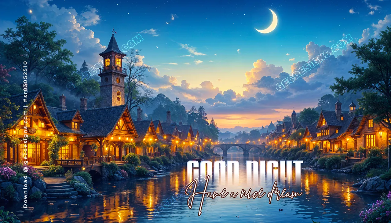 Special good night sweet dreams image with beautiful river bank background
