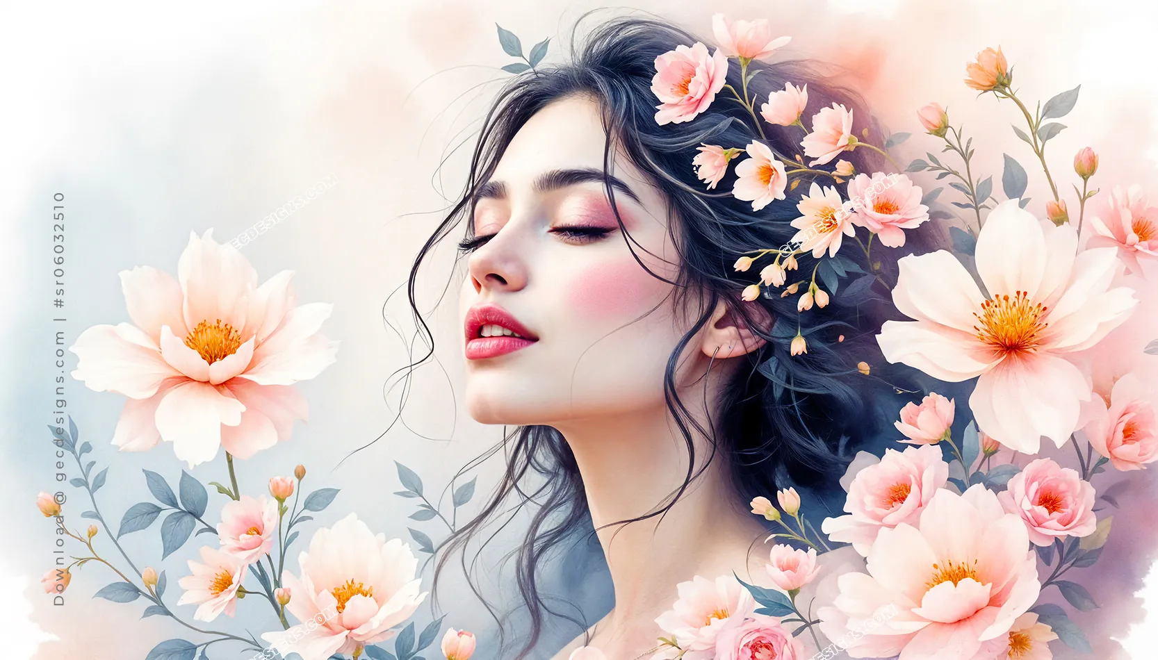 Special women's day wishes Beautiful Woman with Flowers Background