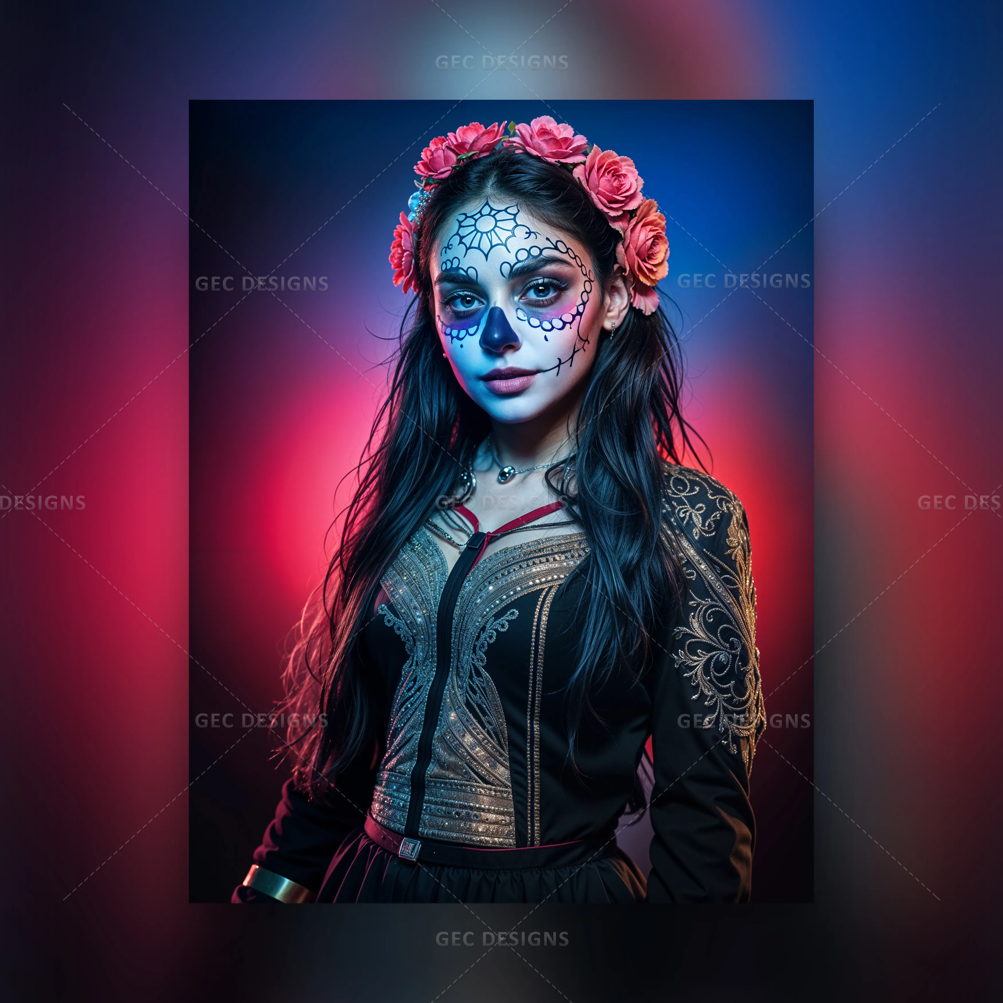 Spooky Halloween party, girl with horror makeup and Halloween costume