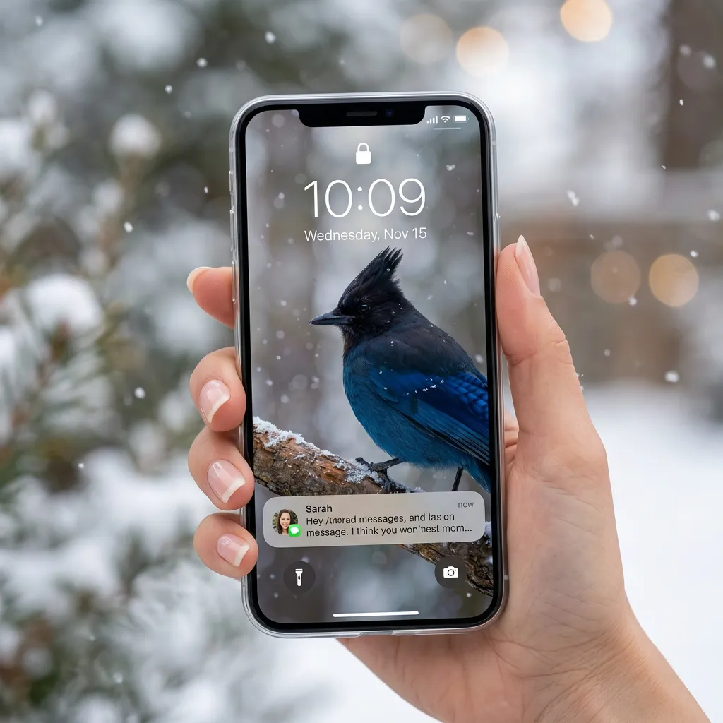 Steller's jay on a snowy branch iPhone wallpaper in winter snowfall mockup one