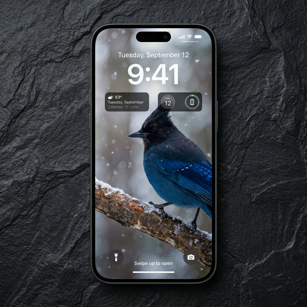 Steller's jay on a snowy branch iPhone wallpaper in winter snowfall mockup two