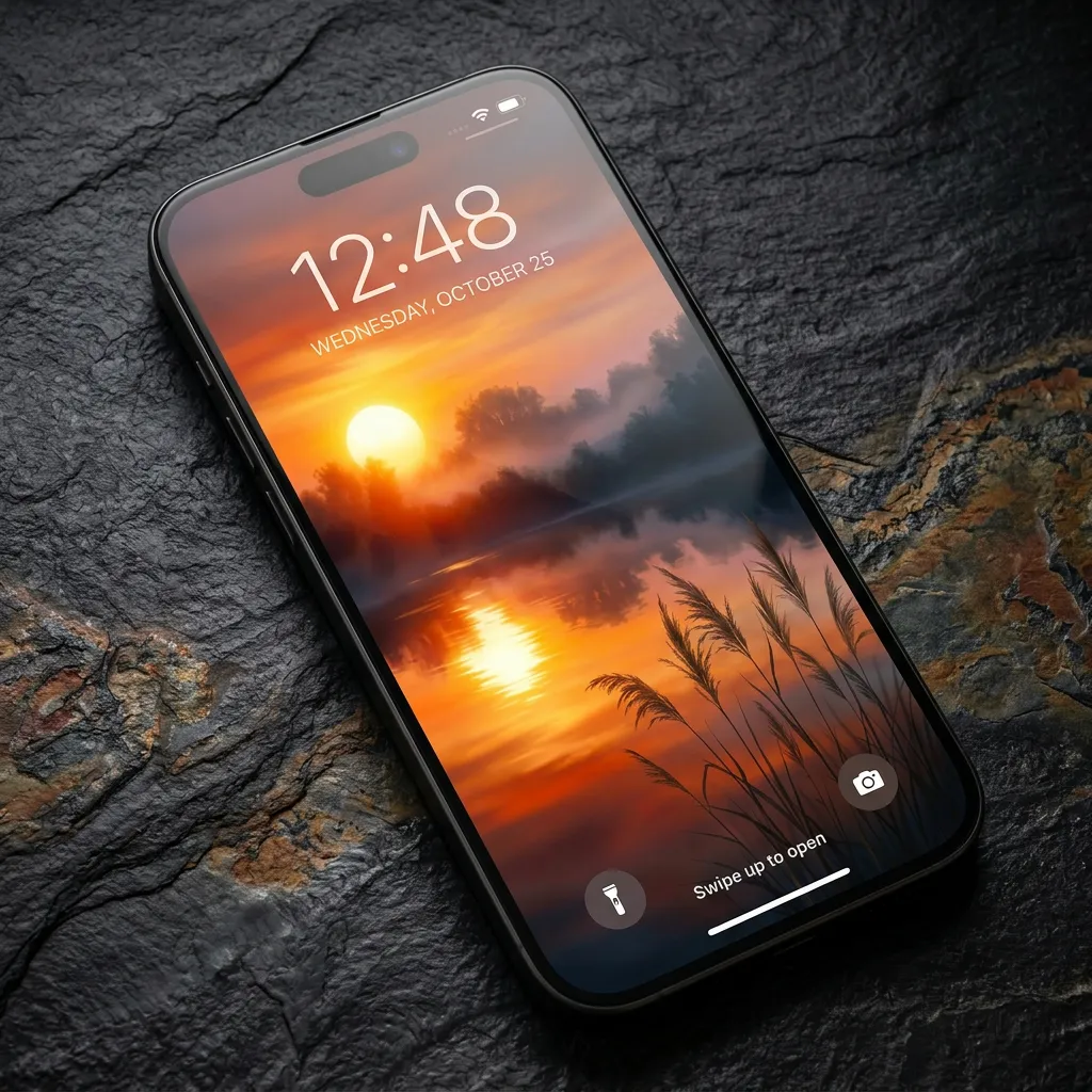Sunrise lake iPhone wallpaper with misty water reflection mockup one