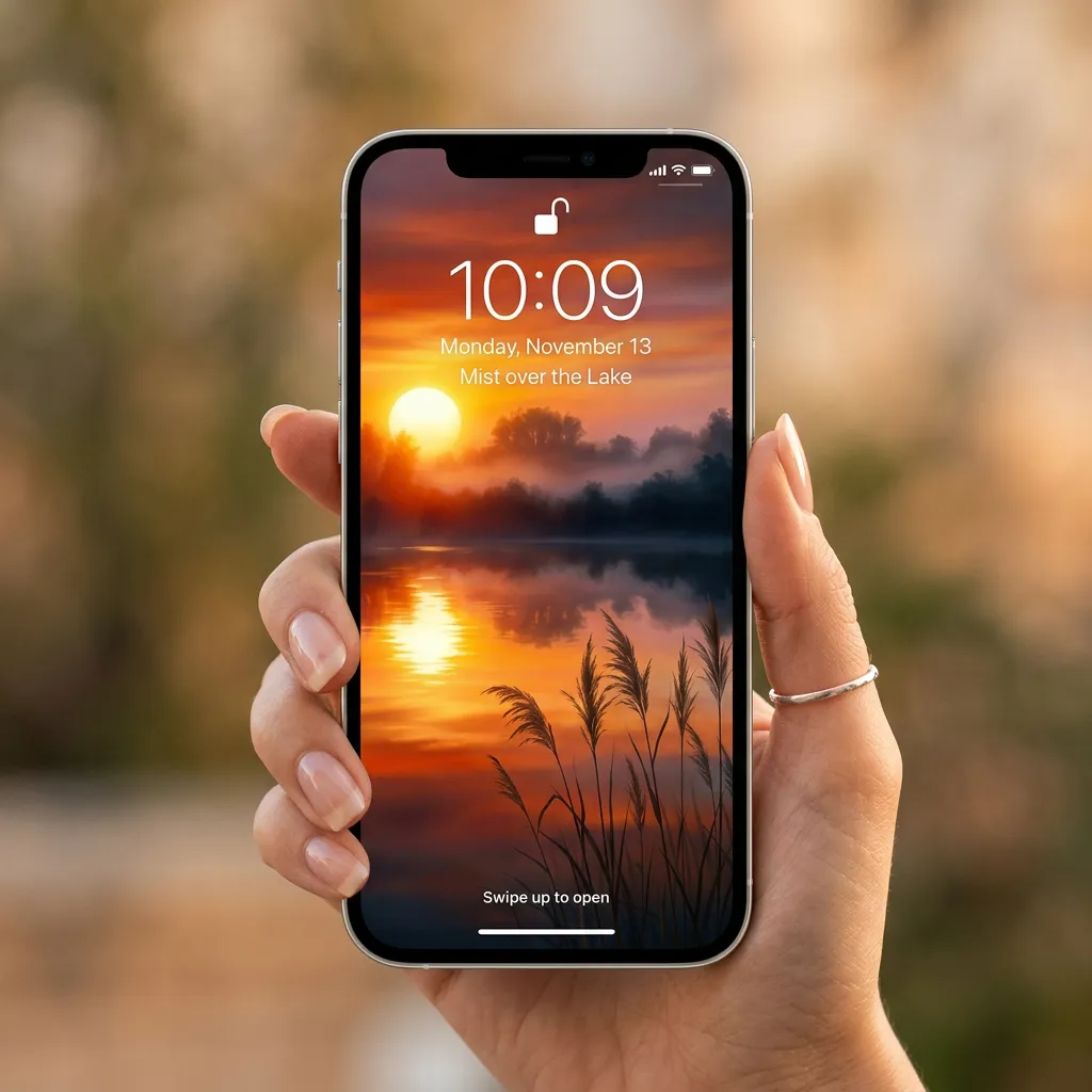 Sunrise lake iPhone wallpaper with misty water reflection mockup two