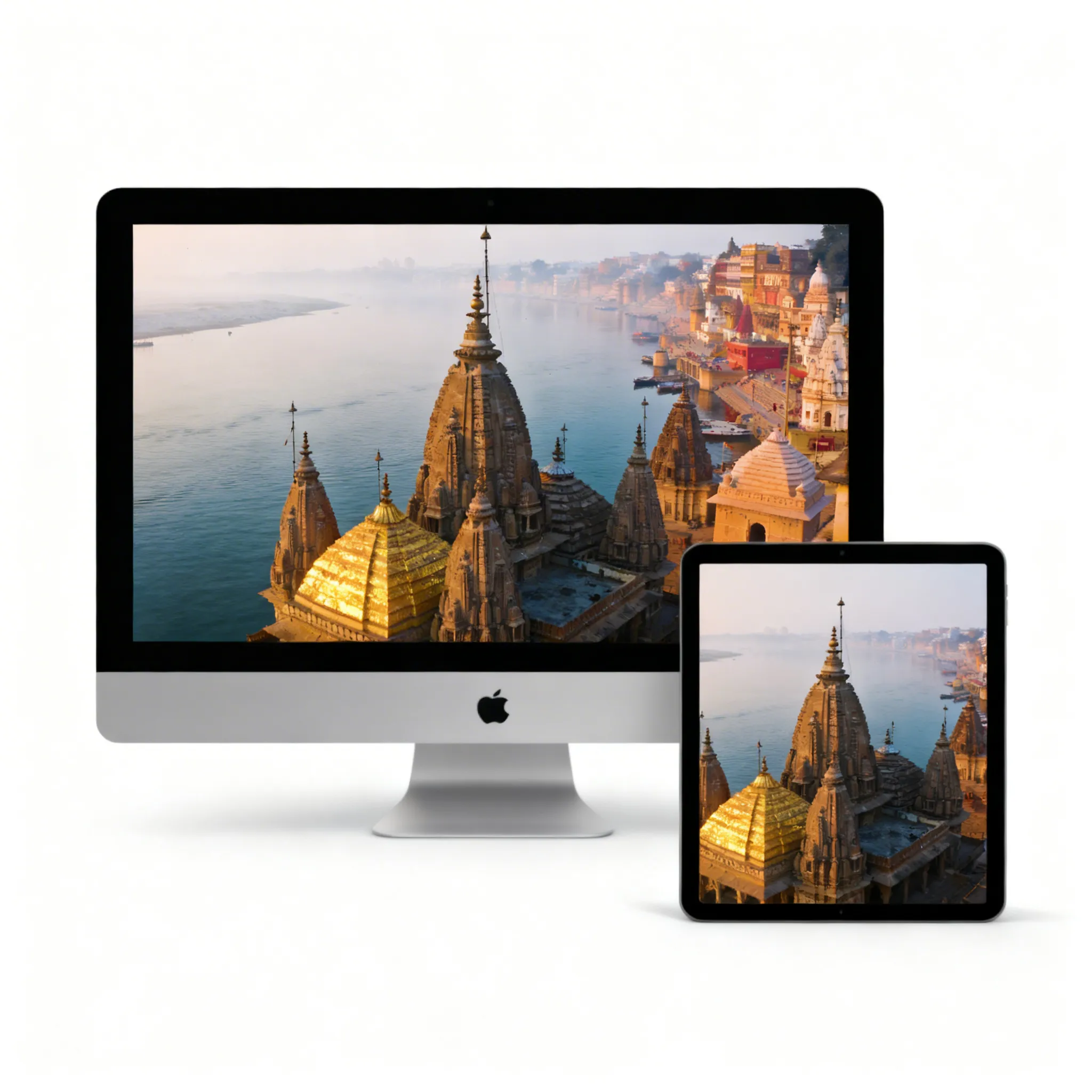 Sunrise Over Kashi Temple Towers And The Holy River Ganga Varanasi Desktop Background Sr06032606 Mockup One