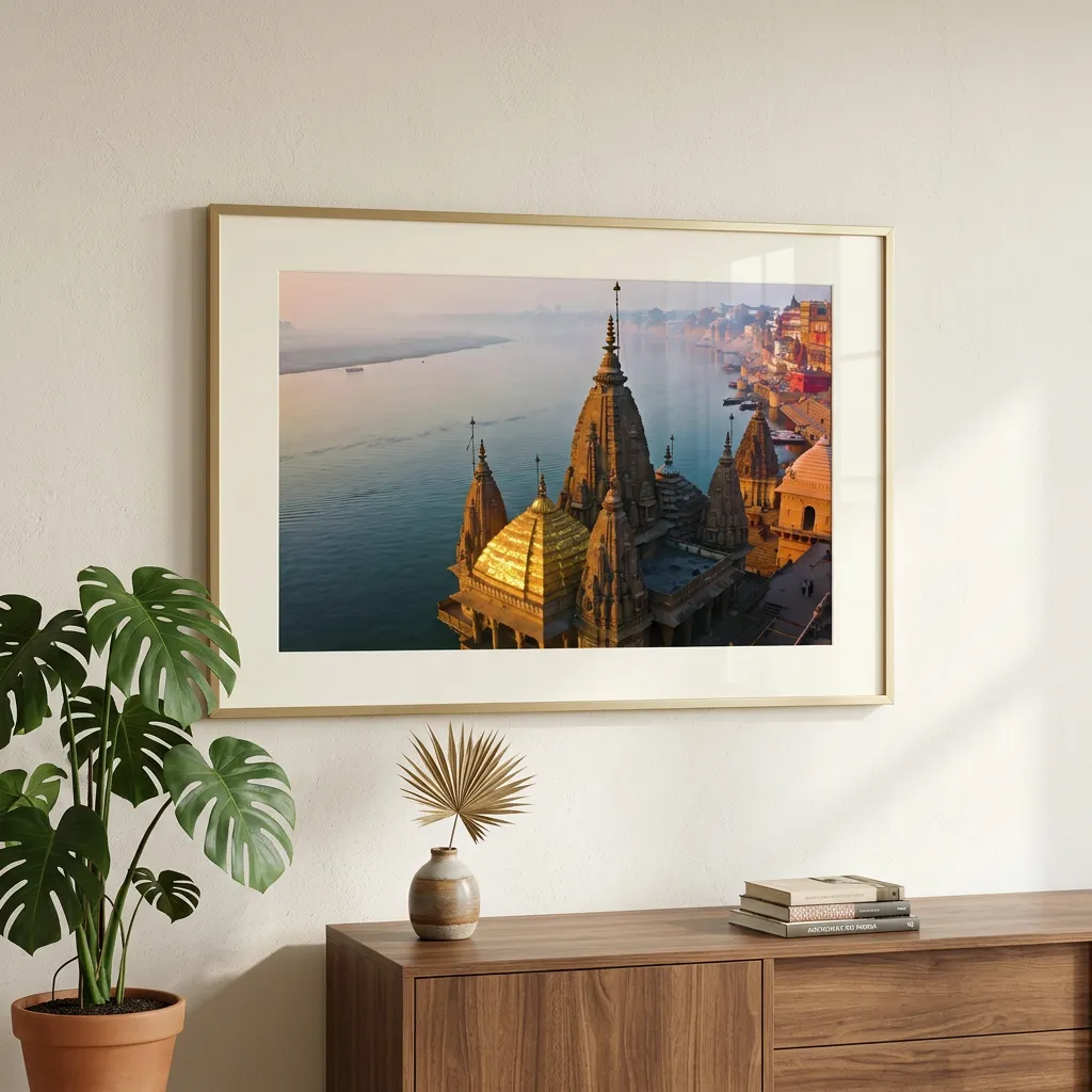 Sunrise Over Kashi Temple Towers And The Holy River Ganga Varanasi Desktop Background Sr06032606 Mockup Two