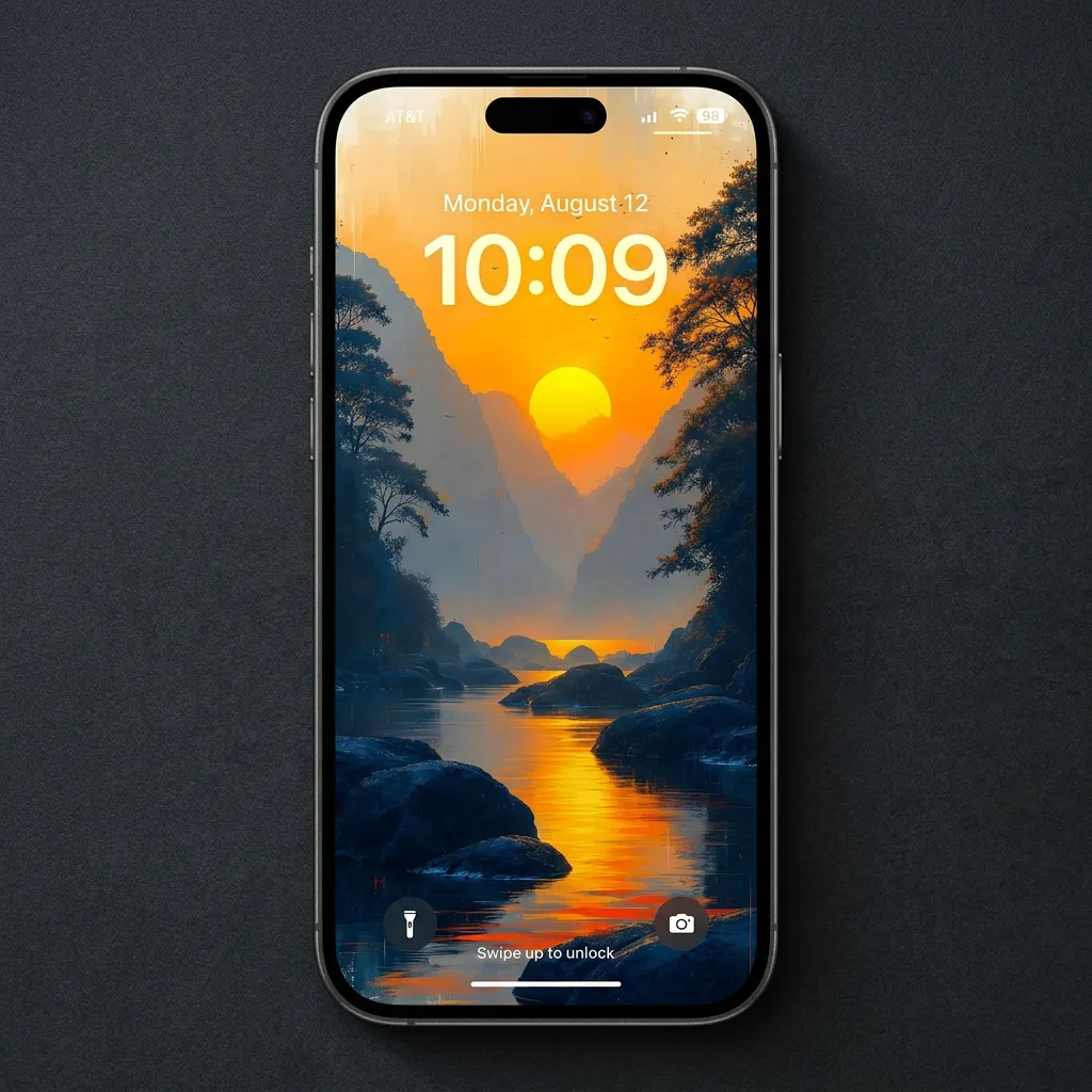 Sunset river iPhone wallpaper with mountain valley mockup one