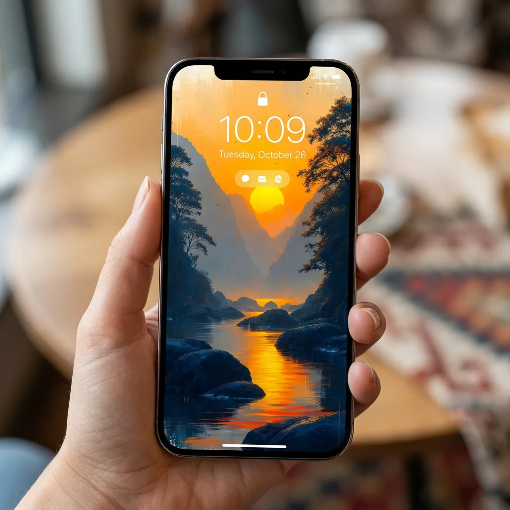 Sunset river iPhone wallpaper with mountain valley mockup two