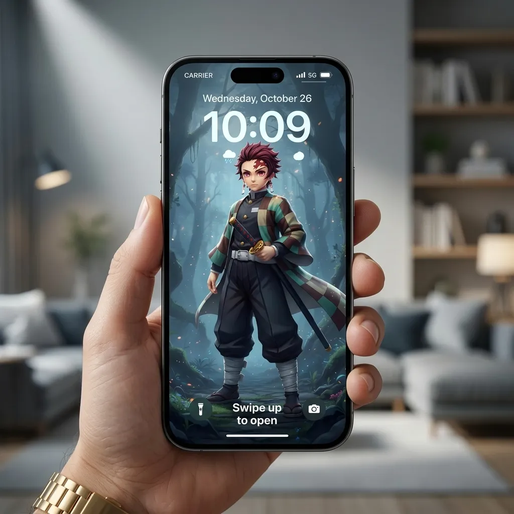 Tanjiro kamado iPhone wallpaper with moonlit forest scene mockup one