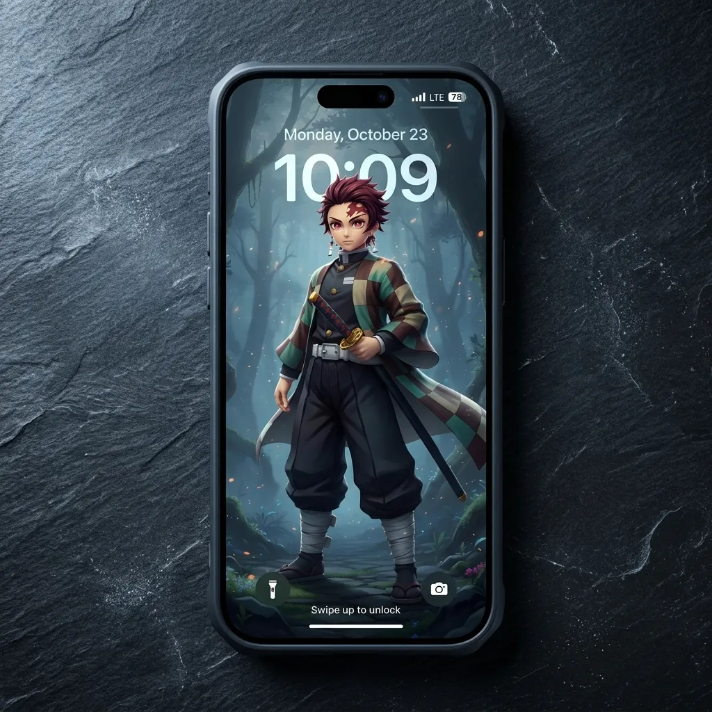 Tanjiro kamado iPhone wallpaper with moonlit forest scene mockup two