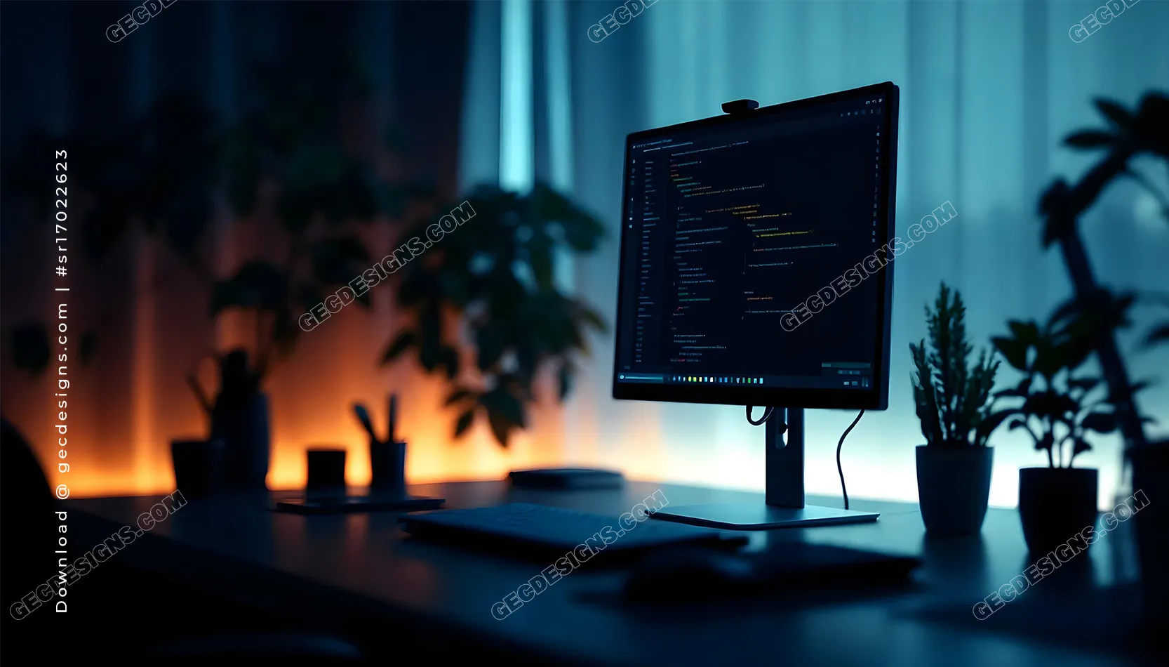 Technology and Developer Wallpaper with Cinematic Coding Setup and Warm Ambient Lighting
