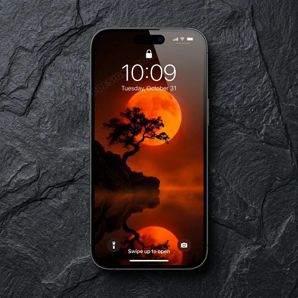 Tree silhouette iPhone wallpaper with orange moon mockup one
