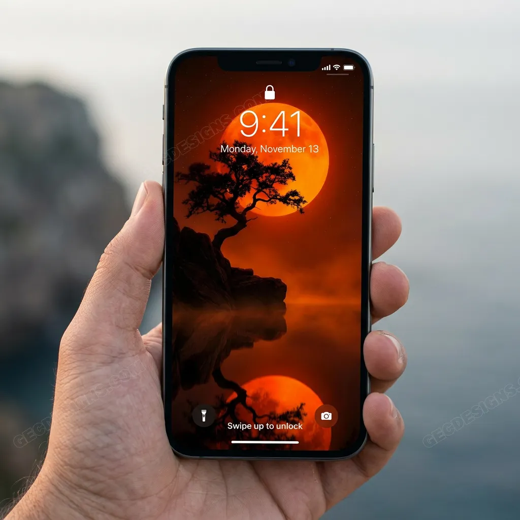 Tree silhouette iPhone wallpaper with orange moon mockup two